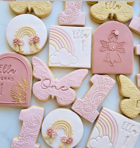 Cookies One Birthday, Butterfly Fondant Cookies, Butterfly 1st Birthday Cookies, 1st Birthday Biscuits, Fairy First Birthday Cookies, 1st Birthday Cookies Girl, Stamped Fondant Cookies, Butterfly Birthday Cookies, Number 1 Cookies