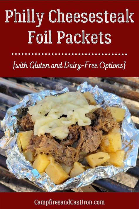 These philly cheesesteak foil packets are filled with savory shaved beef, onions, bell peppers, and mushrooms over a bed of tender potatoes and topped with melted Provolone cheese. They’re super easy to make and cook perfectly in hot campfire coals. Philly cheesesteak foil packets can also be cooked in an indoor oven, and gluten and dairy-free modifications are included in the recipe. Easy Camping Dinners, Shaved Beef, Peppers And Mushrooms, Camping Dinner, Foil Packet Dinners, Camping Dinners, Fire Food, Cast Iron Recipes, Foil Packets