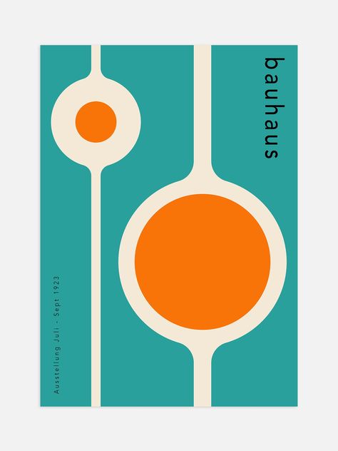 This mid century inspired Bauhaus poster features an orange and turquoise design and minimalist typography. Perfect for adding a splash of colour to your home or office interior. Bauhaus Typography Design, Poster Circle Design, Bauhaus Typography Posters, Poster Design Abstract, Mid Century Design Graphic, Mid Century Poster Design, Mid Century Modern Graphics, 60s Poster Design, Circle Logo Ideas