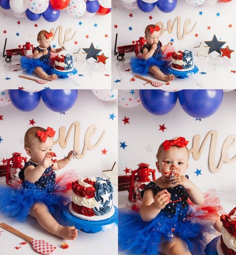 1st Birthday Fireworks Theme, Red White Blue Smash Cake, July First Birthday, Memorial Day 1st Birthday Party, Patriotic First Birthday Girl, First Birthday Fourth Of July Theme, Firecracker Birthday Party, 4th Of July Themed 1st Birthday Party, Our Little Firecracker Is Turning One