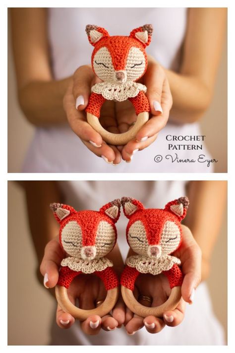 Crochet Fox Pattern Free, Teether Pattern, Crochet Baby Mobiles, Knitted Mittens Pattern, Fox Crafts, Crochet Baby Gifts, Crocheted Fox Pattern, Baby Toys Rattles, Crochet Baby Toys