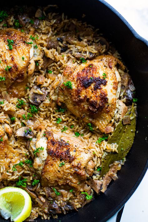 One Pan Herb and Garlic Chicken with Rice #onepandinner #onepanchicken #chicken #herbandgarlic #chickenandrice #easydinner #weeknightdinner One Pan Garlic Butter Chicken And Rice, Rosemary Chicken And Rice, Chicken Thighs And Rice, Chicken Rice Skillet, Chicken Philly, Garlic Herb Chicken, Chicken With Rice, Crispy Chicken Thighs, Chicken Rice Bowls