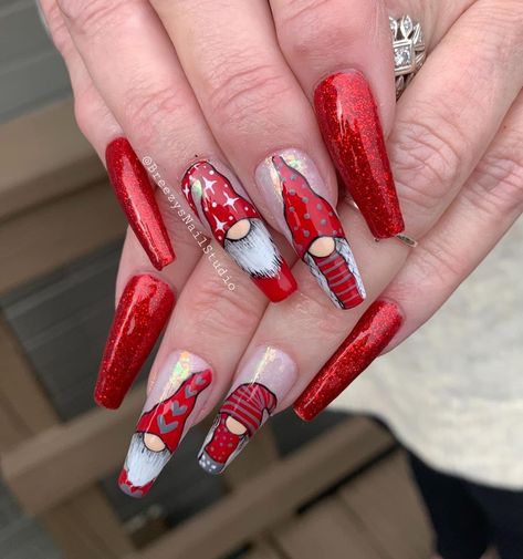 50 Festive Christmas Nail Art Designs To Wow This Season Christmas Gnomes Nail Designs, Red Gnome Nails, Christmas Nail Art Designs 2023, Christmas Gnome Nails Art, Winter Gnome Nails, Gnome Nails Art, Gnome Christmas Nails, Gonk Nails, Christmas Gnome Nails