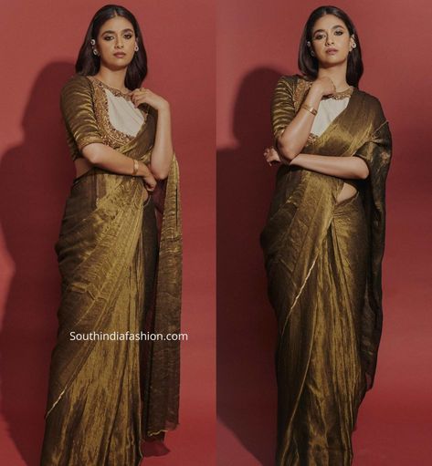 Metallic Saree, Crushed Saree, Sari Ideas, Gold Saree, Reception Saree, Keerthi Suresh, Keerthy Suresh, Statement Blouse, Latest Designer Sarees