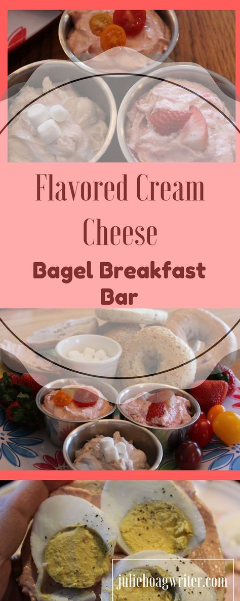 Make your own whipped Flavored Cream Cheese Bagel Breakfast bar platter! Brighten up a morning with this breakfast for your family or overnight house guests. The three simple recipes for the flavored cream cheeses are so easy and simple to make. The recipes are for Hot Chocolate, Strawberry Apple, and Tomato Chili Cream Cheese. Add your favorite bagels or croissants to the platter along with toppings or garnishes to top the bagel with. A delicious breakfast everyone will love! Bagels And Cream Cheese Platter, Bagels And Cream Cheese Ideas, Flavored Cream Cheese Recipes For Bagels, Flavored Cream Cheese Recipes, Platter Recipes, Flavored Cheese, Flavored Cream Cheese, Cream Cheese Bagel, Tomato Chili