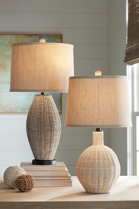 Seagrass Table Lamp, Modern Coastal Decor Table Lamps, Modern Coastal Living Room Table Lamps, Table Lamp Shades Ideas, Wicker Lamp Shade Rattan, Coastal Bedroom Lamps, Beach Lamps Coastal Style, Rattan Lampshade Bedroom, Coastal Reading Nook