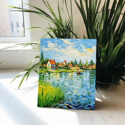 Vintage Landscape Oil Painting, Lake Oil Painting, Lake House Wall Art, Lake Village, House Wall Art, Illustration Series, Butterfly Art Painting, Painting Minimalist, Art Village