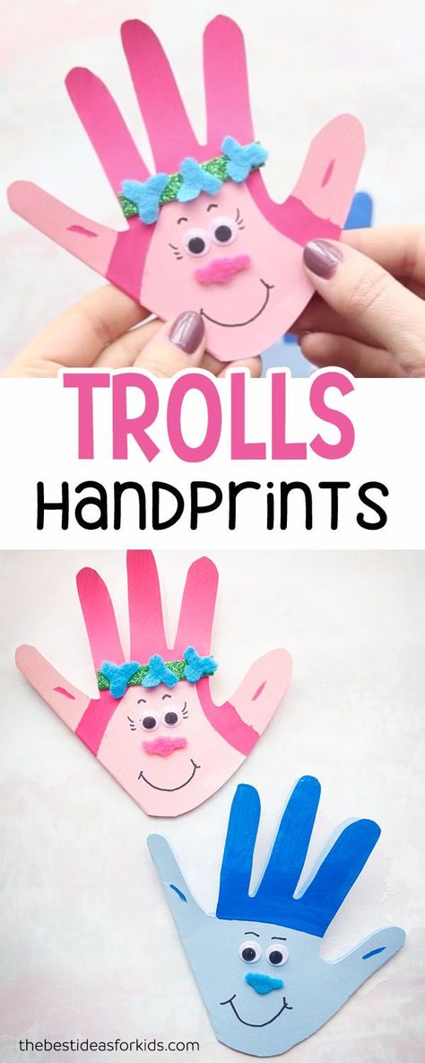 . Trolls Crafts, Trolls Birthday Party Ideas, Disney Crafts For Kids, Trolls Birthday Party, Mothers Day Crafts For Kids, Handprint Crafts, Birthday Crafts, Daycare Crafts, Camping Crafts