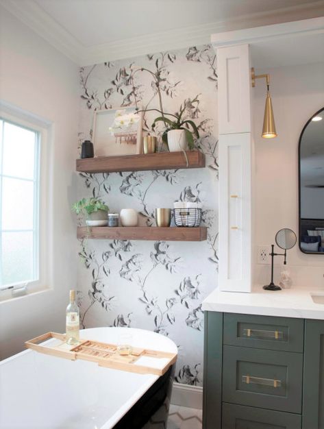 farmhouse bathroom wallpaper - Google Search Forest Green Vanity, Farmhouse Bathroom Wallpaper, Forest Green Bathroom, Green Vanity, Vanity Cabinets, Backyard Cottage, Black And White Bathroom, Baths Interior, Country House Design