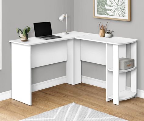 Monarch White L-Shaped Corner Desk with Open Storage | Big Lots L Shaped Corner Desk, Corner Computer Desk, Student Desks, 2 Shelves, Storage Units, Home Offices, Bedroom Dorm, Office Furniture Desk, Big Lots