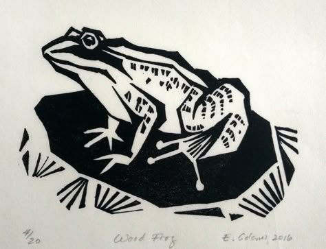 Wood Frog - linocut 2016 (illustration in the book "Ice Mountain, An Elegy" by Dave Bonta) - Elizabeth (Beth) Adams, Canada Linoleum Print Ideas Animals, Frog Linocut Print, Frog Block Print, Linocut Design Ideas, Frog Linocut, Linoleum Print Ideas, Lino Cut Art, Wood Frog, Lino Print Ideas