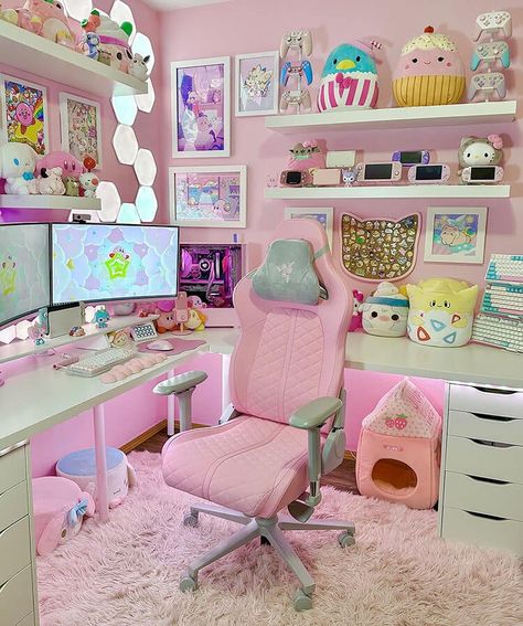 15 Cozy Gaming Setup Ideas for Women - Mom's Got the Stuff Pink Desk Set Up, Kawaii Game Room, Pink Gaming Setup, Cozy Gaming Setup, Sanrio Room, Games Room Inspiration, Basement Suite, Kawaii Room Ideas, Small Game Rooms