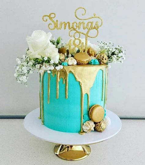 Teal And Gold Cake Ideas, Turquoise And Gold Birthday Party Ideas, Teal Birthday Cake For Women, Turquoise Cake Birthday, Teal Birthday Cake, Pasteles Aesthetic, Turquoise Cake, Mum Cake, Teal Cake