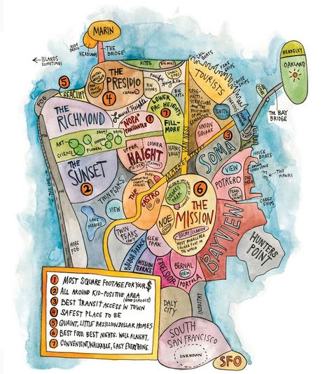 This stylish map of San Francisco will help you figure out where things are. San Francisco Map, San Francisco Neighborhoods, Travel Infographic, San Francisco Travel, San Fran, Illustrated Map, San Francisco Bay, San Francisco Bay Area, California Travel