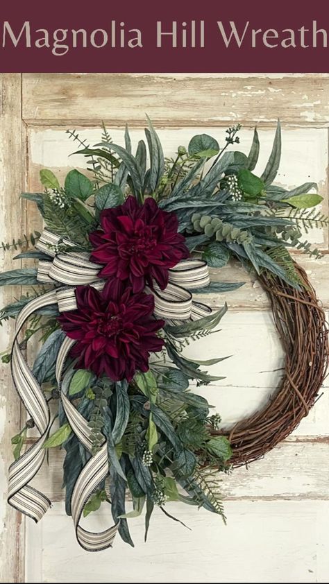 Cottage Style Dahlia Wreath | Wreaths, Fall decor wreaths, Christmas wreaths diy Big Wreaths For Outside, Christmas Wreath 2022, Wreath Decorating Ideas Christmas, Seasonal Wreaths Diy, Winter Wreaths For Front Door, Dahlia Wreath, Elegant Wreaths, Wreaths Design, Christmas Wreath Ideas