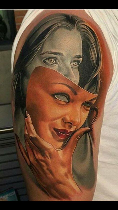 Taking off the mask Taking Off Mask, Tattoos Masculinas, Catrina Tattoo, Wicked Tattoos, Tattoos For Women Half Sleeve, Sweet Tattoos, Geniale Tattoos, Mask Tattoo, 3d Tattoos