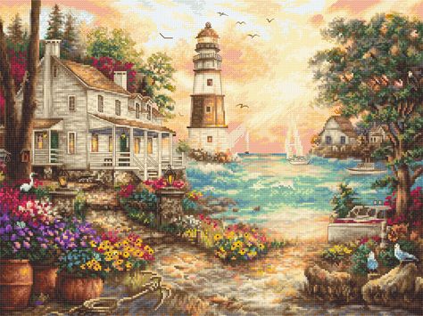 LETI 962 Cottage by the sea | LetiStitch Cross Stitch Landscape, Cottage By The Sea, Dekor Diy, Hand Embroidery Kit, Beautiful Cross Stitch, Modern Cross Stitch Patterns, Modern Embroidery, Modern Cross, Counted Cross Stitch Kits