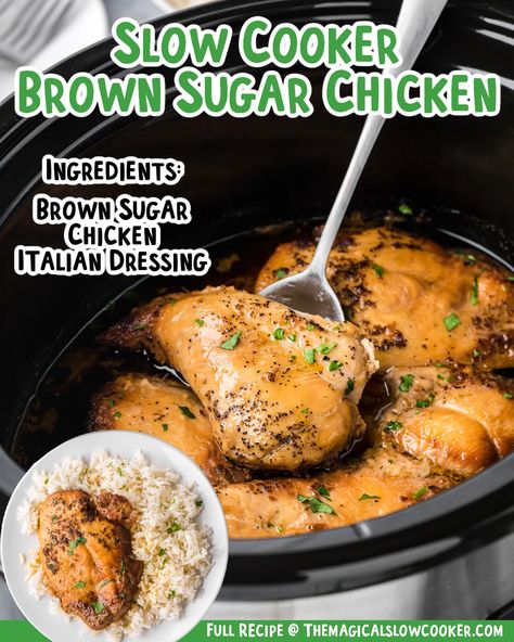 Slow Cooker Brown Sugar Chicken, Garlic Chicken Crockpot, Italian Chicken Crockpot, Garlic Brown Sugar Chicken, Chicken Breast Slow Cooker, Magical Slow Cooker, Chicken Breast Crockpot Recipes, Brown Sugar Chicken, Slow Cooker Chicken Thighs