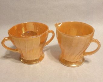 Art Deco Cake, Sugar And Creamer Set, Peach Lustre, English Pottery, Vintage Fire King, Antique Glassware, Pottery Plates, Vintage Marketplace, Swirl Pattern