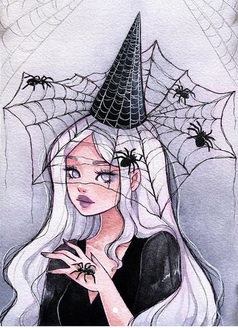 Witchy Artwork, Spider Witch, Spider Illustration, Witch Drawing, White Blonde Hair, Fairy Drawings, Spider Art, Fairy Artwork, Blue Fairy