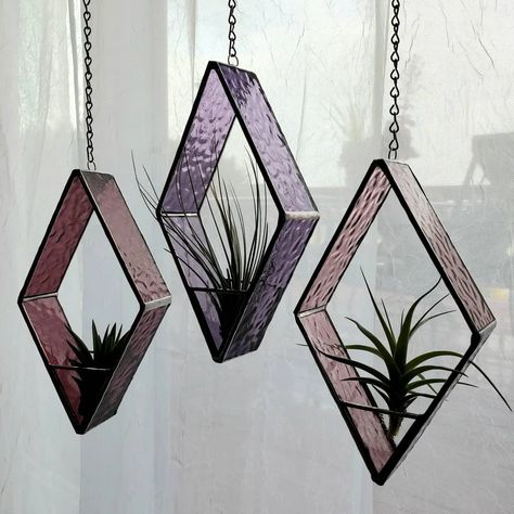 Stained Glass includes Real Air Plant Holder. Birthday - Etsy Australia Succulents Terrarium, Hanging Glass Planters, Diamond Birthday, Window Hanger, Hanging Terrarium, Florida Room, Glass Diy, Stained Glass Window Panel, Glass Inspiration