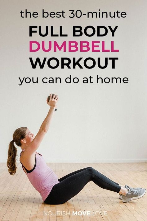 Getting fit has never been so easy with this 30 Minute Full Body Dumbbell Workout Video! It's the perfect at home workout to help you get strong and reach your wellness goals. Don't miss this free workout video to help you tone and shape up. || Nourish Move Love #workoutvideo #athomeworkouts #toning 30 Minute Workout Video, Arm Weights, Free Weight Workout, Pyramid Workout, Full Body Dumbbell, Circuit Workouts, Dumbbell Workout At Home, Beginners Workout, Barre Fitness