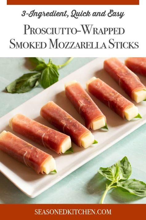 Prosciutto-Wrapped Mozzarella Sticks are a quick and easy, 3-ingredient appetizer! #easyappetizer #twobiteappetizerrecipe #quickandseasyappetizer #makeaheadappetizer Basil Vinaigrette Dressing, Prosciutto Roll, Prosciutto Appetizer, Hummus Appetizers, Mozzarella Appetizers, Football Recipes, Easy Picnic Food, Holiday Entertaining Food, Christmas Appetizer