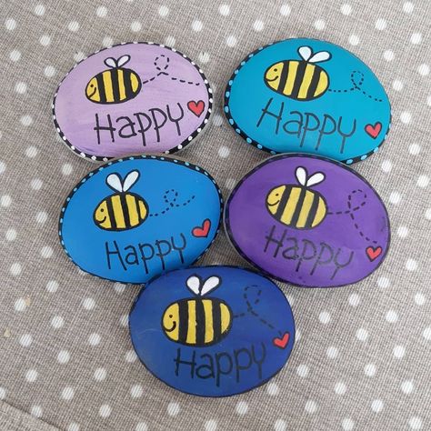 Bee Happy Rock Painting, Painted Rock Bee, Bee Rock Painting Ideas, Bee Rock Painting, Mud Kitchen For Kids, Bee Rocks, Painted Seashells, Happy Rock, Painted Rocks Craft