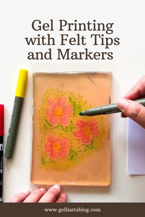 Felt tip pens and paint markers are the perfect tool to add to your travel gel printing kit this summer! Felt tip pens can be used to draw, color and doodle with. And because the ink is water-soluble, you can use them as watercolours too. The ink in felt tip pens is similar to the ink in dye ink pads. If you are open to embracing the imperfections and ready to experiment a bit, you'll find that they are a lot of fun to work with on the gel plate. Felt tip pens come in a variety of price ranges and you can use whichever kind you have at home. Click to find the video tutorial on our blog!  #gelliarts #gelplate #printingplate #monoprinting #printmaking #gelprinting #gelliplate Gel Pad Printing, Gel Plate Printing Tutorials, Gel Plate Printing Ideas, Monoprinting Techniques, Gelli Printing Tutorials, Gelli Printing Techniques, Gel Prints, Felt Tip Pens, Draw Color