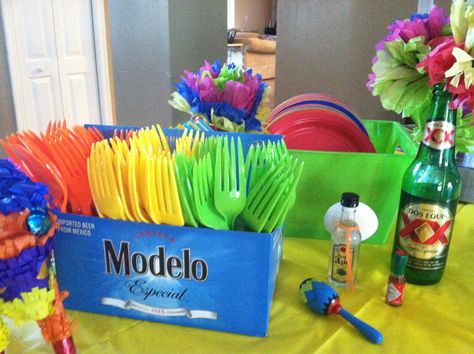 Drank a lot of Mexican beer but I think the centerpieces and plasticware holders came out great for my hubby's 40th birthday fiesta! Mexican Baby Shower, Mexican Birthday Parties, Mexican Babies, Mexican Party Decorations, Mexican Fiesta Party, Fiesta Birthday Party, Mexican Birthday, Fiesta Theme Party, Mexican Party Theme