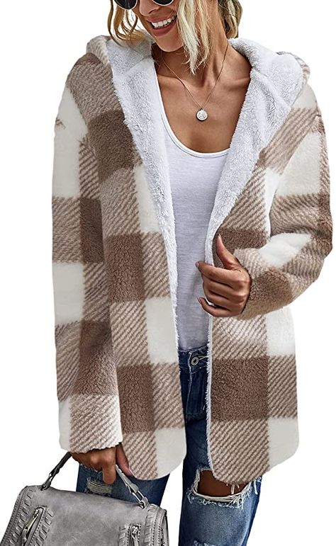 ReachMe Womens Plaid Sherpa Jacket Open Front Sherpa Cardigan with Hood Long Fuzzy Fleece Coat with Pocket(Khaki,M) at Amazon Women's Coats Shop Sherpa Cardigan, Cardigan With Hood, Fluffy Cardigan, Womens Sherpa, Draper James, Sherpa Jacket, Fleece Coat, Sherpa Lined, Hooded Coat