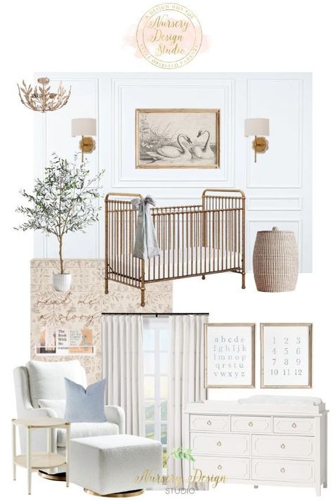 Nursery With Metal Crib, Delicate Nursery Ideas, Organic Neutral Nursery, Gold Crib Nursery Ideas, French Farmhouse Nursery, French Country Nursery Gender Neutral, Traditional Gender Neutral Nursery, Nursery Board Ideas, Gold Crib Nursery Gender Neutral