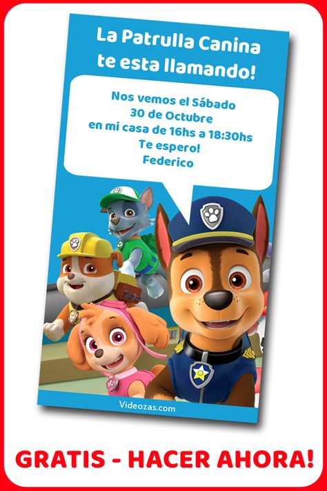 Crea tu Invitación de Paw Patrol GRATIS en segundos y compártela por Whatsapp con tus invitados. Invitación Digital GRATIS de Paw Patrol. HACER AHORA! Videozas.com Paw Patrol Invitation, Power Rangers Cast, Free Printable Invitations, Chase Paw Patrol, Digital Invitation, Youre Invited, Personalized Card, Digital Invitations, Paw Patrol