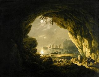 John Thomas Serres "Brandy smugglers loading boats at the mouth of a rocky cave by moonlight" c. 18th Century | by Plum leaves Maritime Painting, Moonlight Painting, John Thomas, Maritime Art, Simple Acrylic, Simple Acrylic Paintings, Folk Art Painting, Fantasy Landscape, Figurative Art