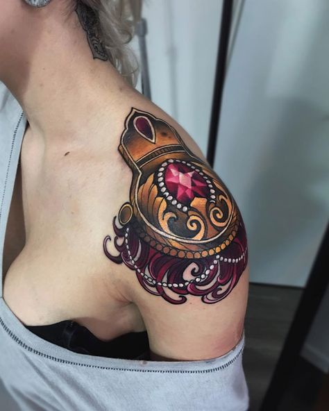 Epaulette Ornamental Shoulder Tattoo Ornamental Shoulder Tattoo, Ruby Tattoo, Tattoo Dublin, Shoulder Armor Tattoo, Jewel Tattoo, Armor Tattoo, Circle Tattoos, Military Tattoos, Tattoo Henna