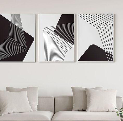 Abstract 3 Piece Wall Art Art Hallway, Monochrome Living Room, Black Line Art, Modern Industrial Interior, Line Art Minimalist, Hallway Art, Abstract Shower Curtain, White Wall Decor, Black And White Artwork