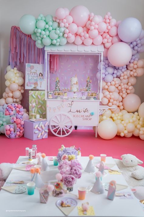 Kara's Party Ideas Pastel Ice Cream Soiree | Kara's Party Ideas Ice Cream Cart Balloon Garland, Party Treats Ideas, Ice Cream Themed Birthday, Ice Cream Birthday Party Theme, Dessert Cart, Pastel Ice Cream, Pom Hats, Candy Theme Birthday Party, Ice Cream Birthday Cake