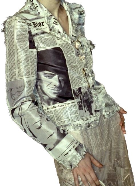 John Galliano newspaper newsprint suit Dior Newspaper, Guilded Glamour, Newspaper Outfit, News Paper Dress, John Galliano Newspaper, Galliano Newspaper, Newspaper Print, Paper Dress, Newspaper Printing