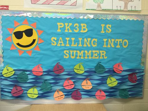 Sailing into Summer Bulletin Board - May/June Summer Bulletin Board Ideas, Summer Bulletin Board, Preschool Boards, Summer Bulletin Boards, Birthday Bulletin Boards, Infant Classroom, Birthday Bulletin, Preschool Bulletin, Classroom Birthday