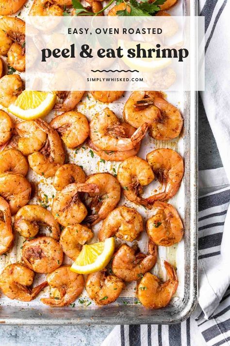 Seasoned with Old Bay, these peel and eat shrimp are a family favorite and cooked to perfection every time. Serve them straight from the oven while they're hot or let them chill and serve them cold like shrimp cocktail. Peel And Eat Shrimp Recipes, Peel And Eat Shrimp, Cooking Raw Shrimp, Shrimp In The Oven, Lent Recipes, Dairy Free Dinner, One Pot Dinners, Cooking Seafood, Food Babe