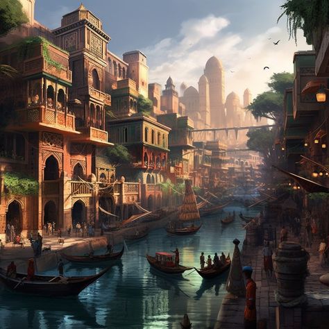 Fantasy Canal City, Fantasy River City, Fantasy Docks, Port Nyanzaru, Fantasy Ocs, Building Reference, Indian Houses, Fantasy Cities, Fantasy Architecture