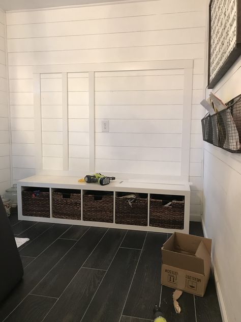 {Ikea Hack} DIY - Mudroom Bench Built In! - Dreaming of Homemaking Ikea Cubby, Ikea Hack Bench, Ikea Mud Room, House Mudroom, Ikea Entryway, Laundry Room/mudroom, Mudroom Remodel, Diy Entryway Bench, Mudroom Makeover