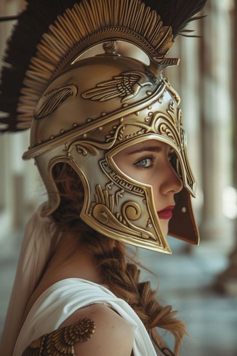 Greek Woman Art, Athena Helmet, Athena Greek Goddess, Spartan Women, Greek Helmet, Goddess Athena, Rare Features, Greek Mythology Gods, Greek Mythology Tattoos