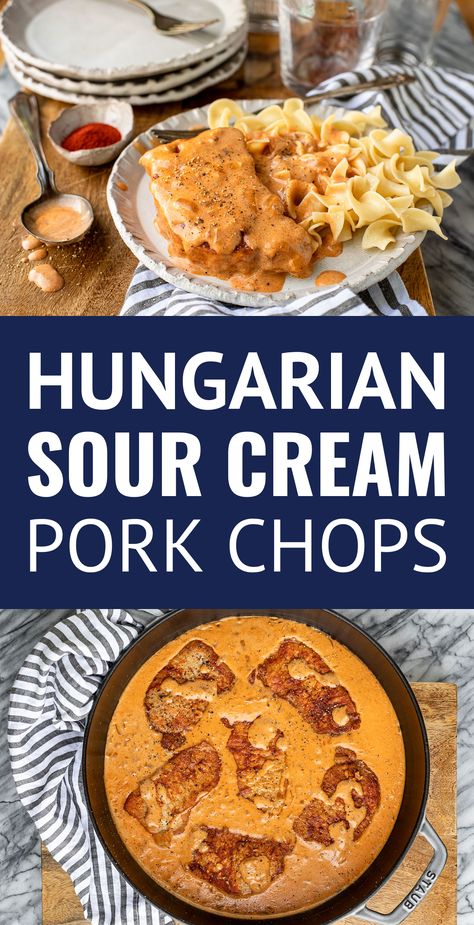 Hungarian Paprika Sour Cream Pork Chops -- An easy and delicious Hungarian paprika sour cream pork chops recipe using traditional Hungarian sweet paprika... Made on the stove top and ready to eat in just about 35 minutes, these tender and juicy pork chops smothered in a spicy & creamy sauce are sure to be a new family fave! #hungarian #porkchoprecipes #porkchops #gravy #gravyrecipes #paprika #easyrecipe #stovetop Hungarian Recipes Dinners, Hungarian Appetizers, Pork Paprikash, Sour Cream Pork Chops, Slovakian Food, International Meals, Pork Chops Smothered, Camp Recipes, Ukrainian Food