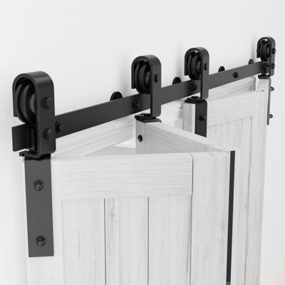 Our bi-fold Door Hardware Kit is a perfect choice to innovate your home. The hardware is easy to install, and it is designed to upgrade standard door doorways into convenient, space-saving, and stylish sliding Bi-fold doors. | Lazio Bifold Barn Door Hardware Kit Black Folding Barn Door Kit (Doors not Included) Black 6.6 in | LZIO1166_94470884 | Wayfair Canada Bi Folding Barn Doors, Bifold Barn Doors Pantry, Barn Bifold Doors, Barn Door Bifold Doors, Bifold Cabinet Doors, Bi Fold Barn Doors, Closet Door Alternatives, Folding Barn Door, Creepy Basement