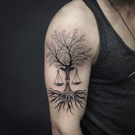 Tree of life/Libra scale tattoo idea Libra Scale Tattoo, Libra Sign Tattoos, Ink Tree, Libra Zodiac Tattoos, Tato Geometris, Tato Salib, Balance Tattoo, Bauch Tattoos, Libra Tattoo