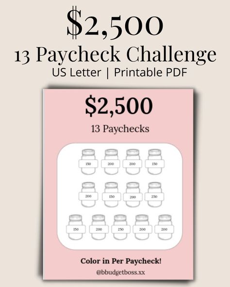 13 Paychecks Saving Challenge, Downloadable and Printable, Saving Money Tracker, Finance Planner, Paying off Debt Do you lack consistency when trying to save or just need something to guide you through your financial journey? Well check out this cute savings template. Save $2,500 with just 13 paychecks ! Saving Money Tracker, Financial Planning Printables, Money Tracker, Saving Money Chart, Money Chart, Paying Off Debt, Money Saving Methods, Saving Challenges, Money Saving Techniques