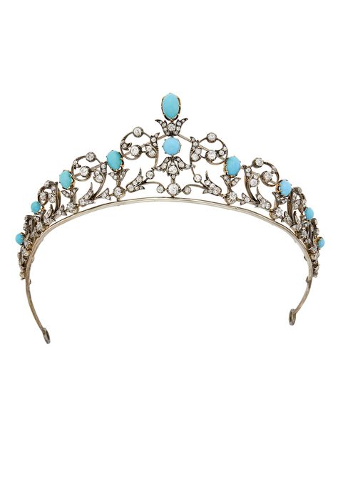 An antique silver, gold, turquoise, and diamond tiara/necklace. Turquoise Tiara, Jewelry Vault, Tiara Necklace, Detachable Necklace, Turquoise Jewellery, Pearl Tiara, Royal Tiaras, Diamond Tiara, Crown Jewels