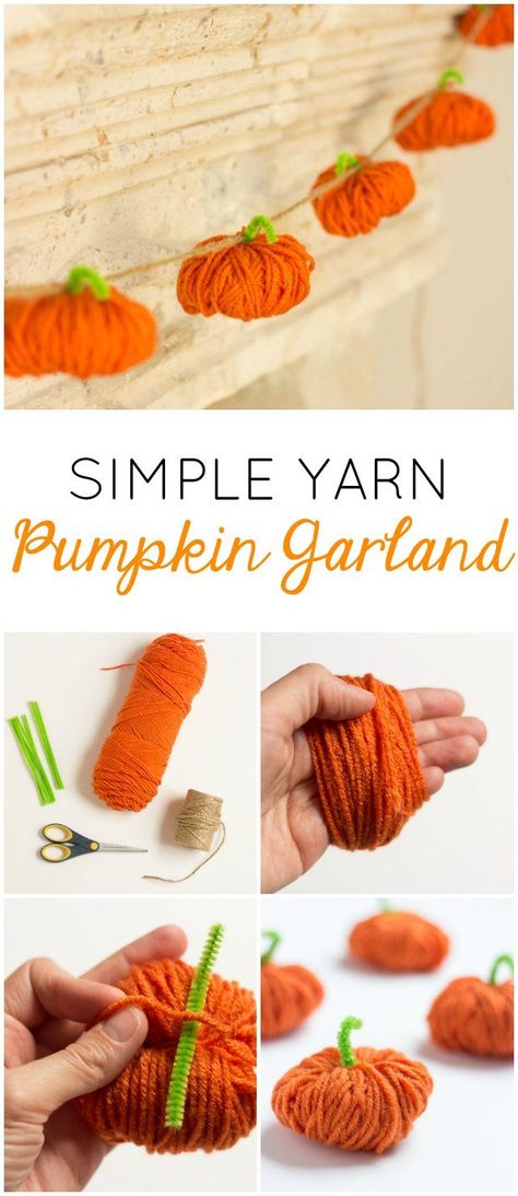 Adorn your mantle with sweet and festive decorations courtesy of this Simple Yarn Pumpkin Garland. This DIY craft project is fun, easy, and great for giving your home decor that pop of seasonal fall style. Yarn Pumpkin Garland, Yarn Pumpkins, Yarn Garland, Halloween Fest, Pumpkin Garland, Diy Yarn, Adornos Halloween, Manualidades Halloween, Thanksgiving Diy