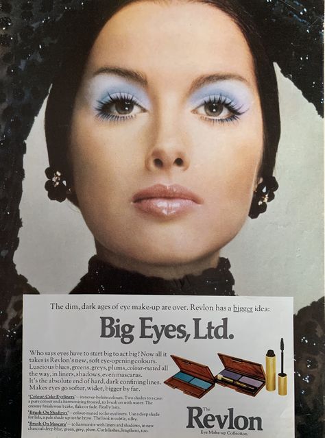 Vintage Make Up Ads, 70s Makeup Magazine, 70s Fashion Ads, 70s Makeup Ads, 70d Makeup, 70s Eyeshadow, Eye Makeup Blue Eyeshadow, 1970’s Makeup, White Eyeshadow Looks